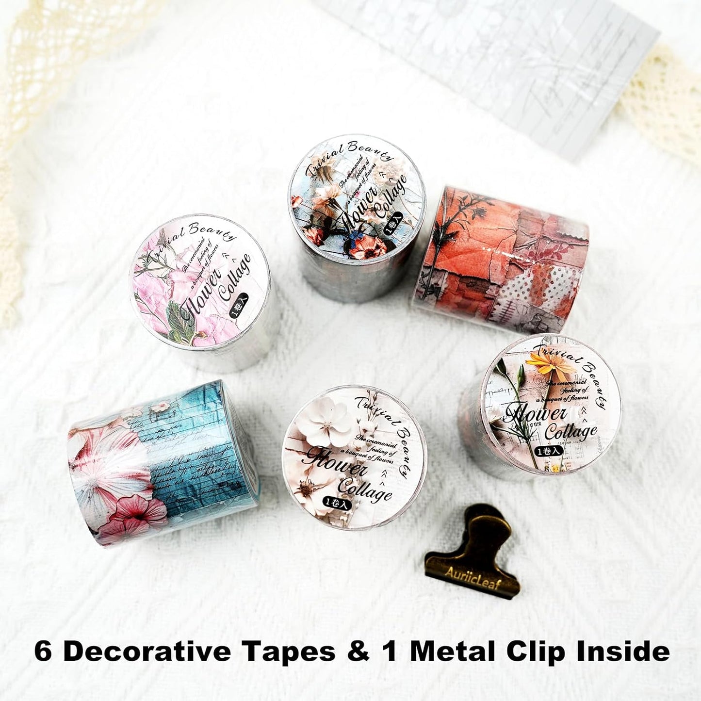 Vintage Floral Washi Tape Set ??6 Rolls, 2M Non-Repeating Flower Collage Designs, Decorative Craft Tape for Scrapbooking, Journals, Planners with Accessory Clip Included