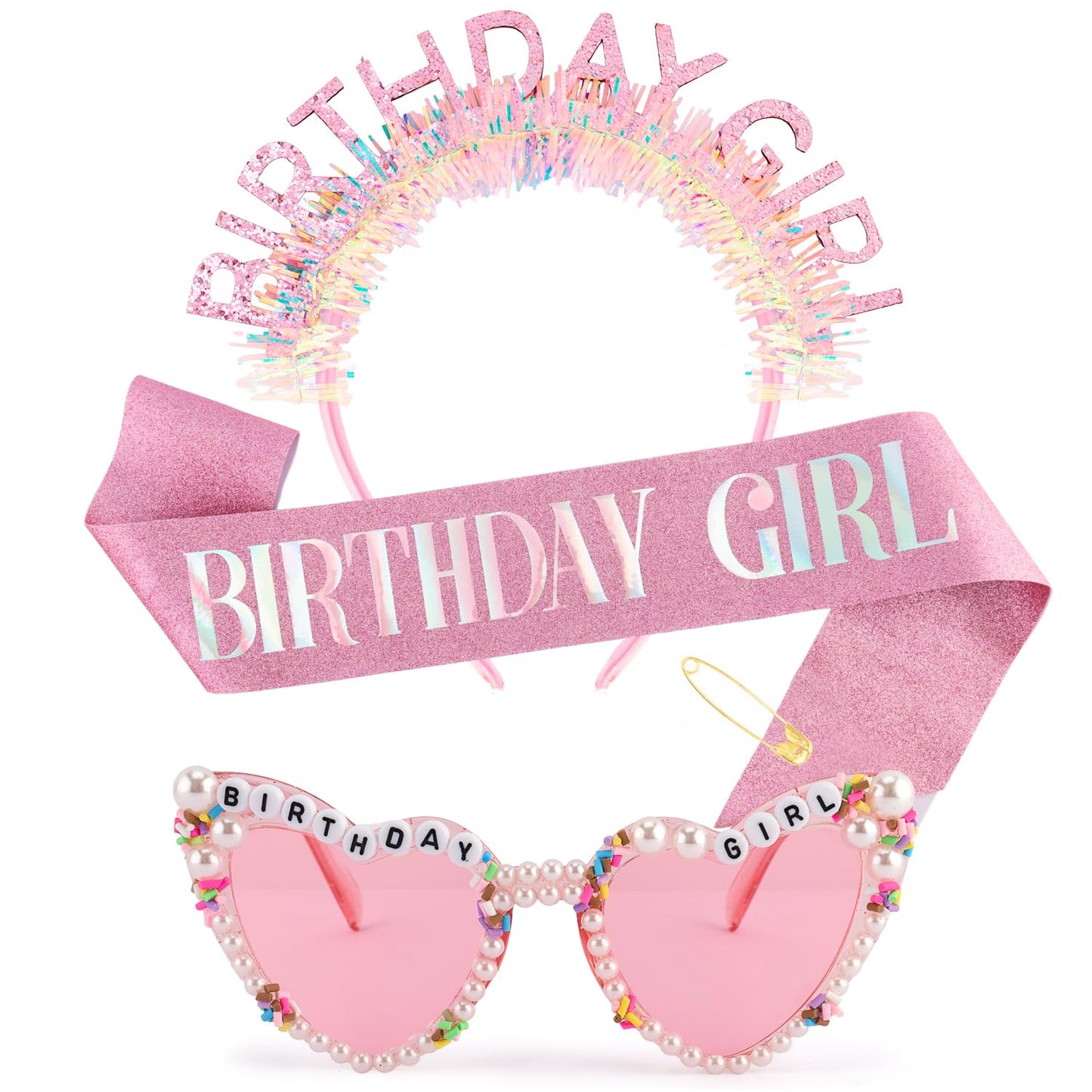 Atoden Birthday Girl Sash Glitter Headband Tiara Crown Sunglasses Pink Happy Birthday Decorations