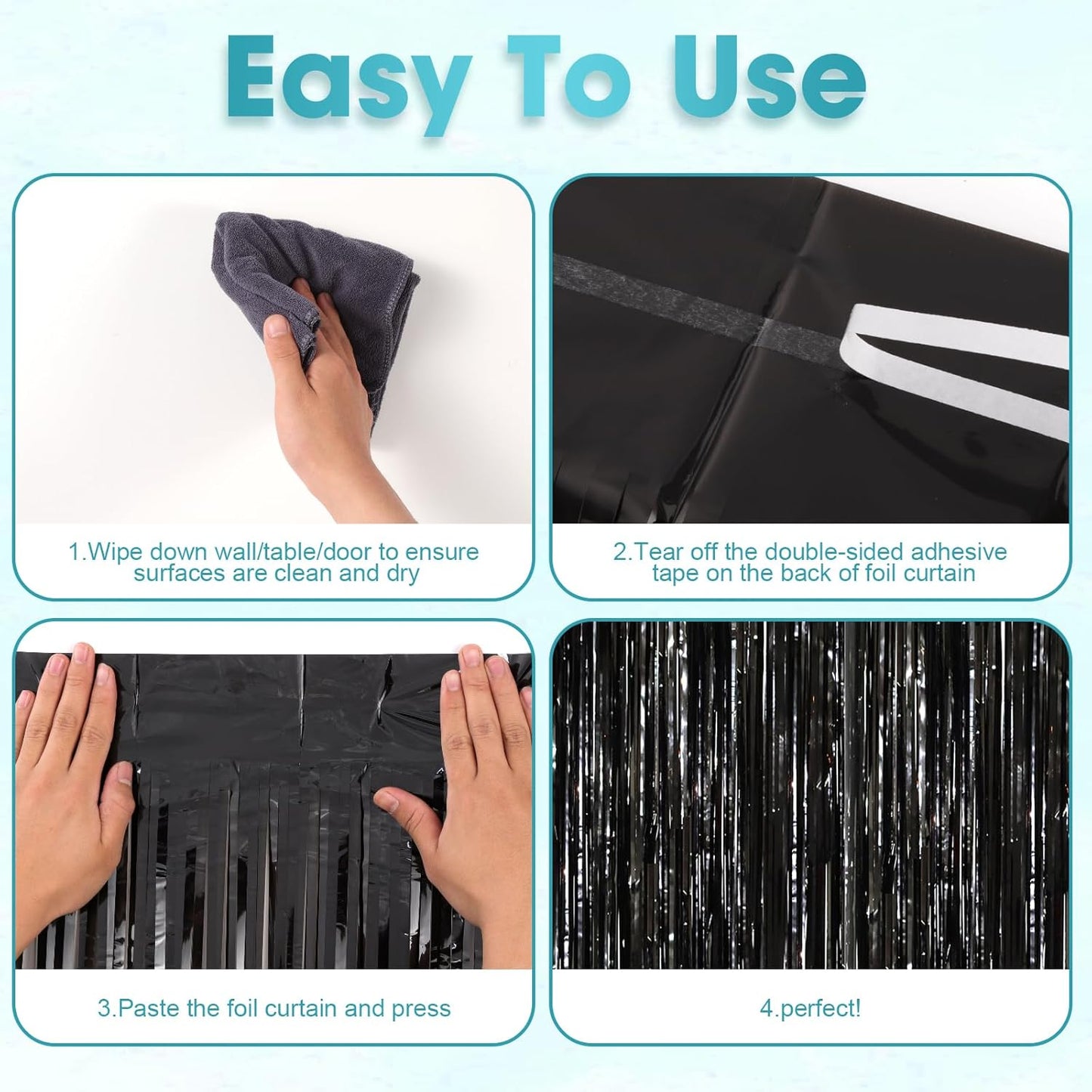 2 Pack Black Tinsel Foil Fringe Curtains, Black Party Decorations, Metallic Tinsel Party Streamers Backdrop for Birthday Halloween New Years Graduation Party Decorations