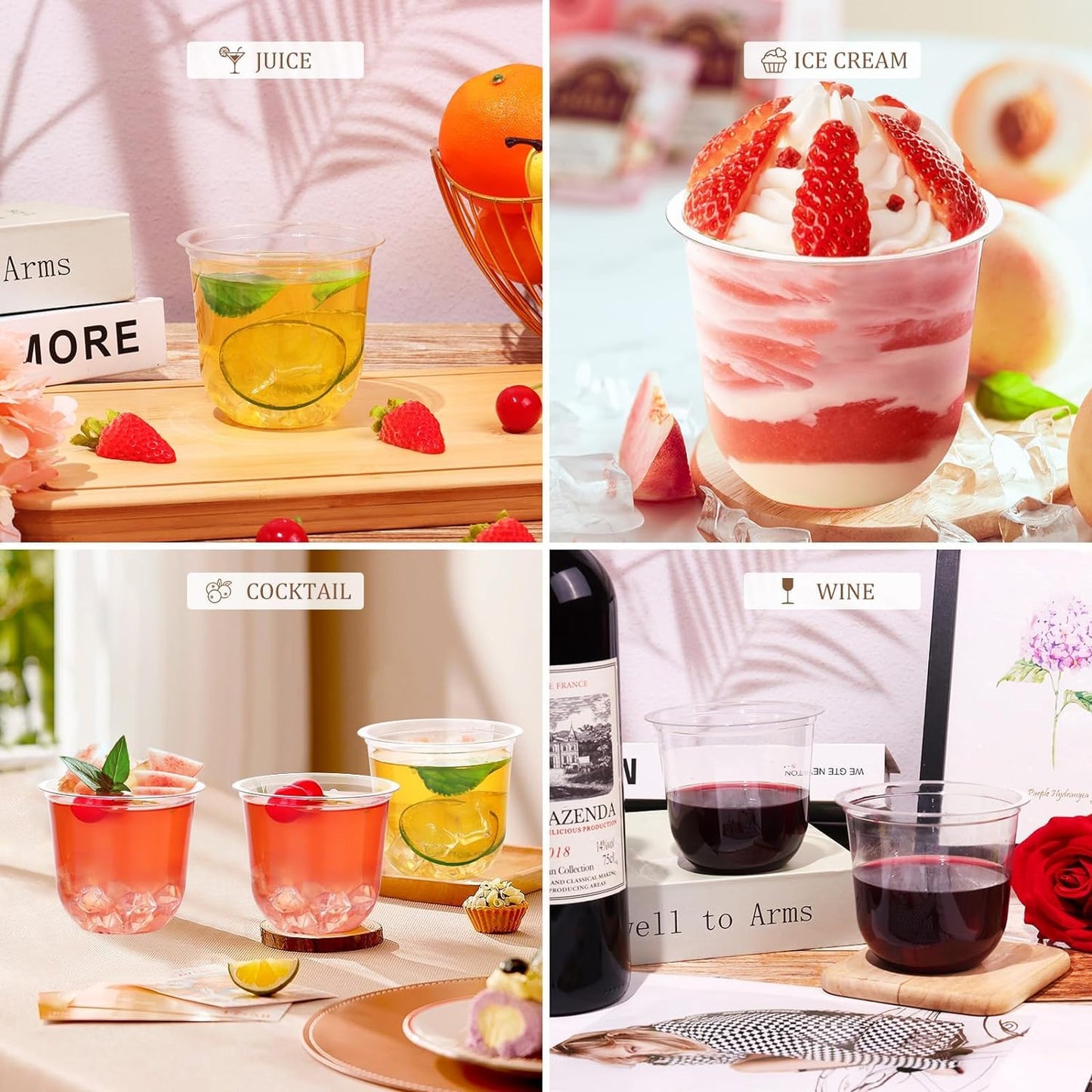 KesaPlan 100 Pcs 12oz Plastic Clear Cups, Disposable Wine Cocktail Glasses