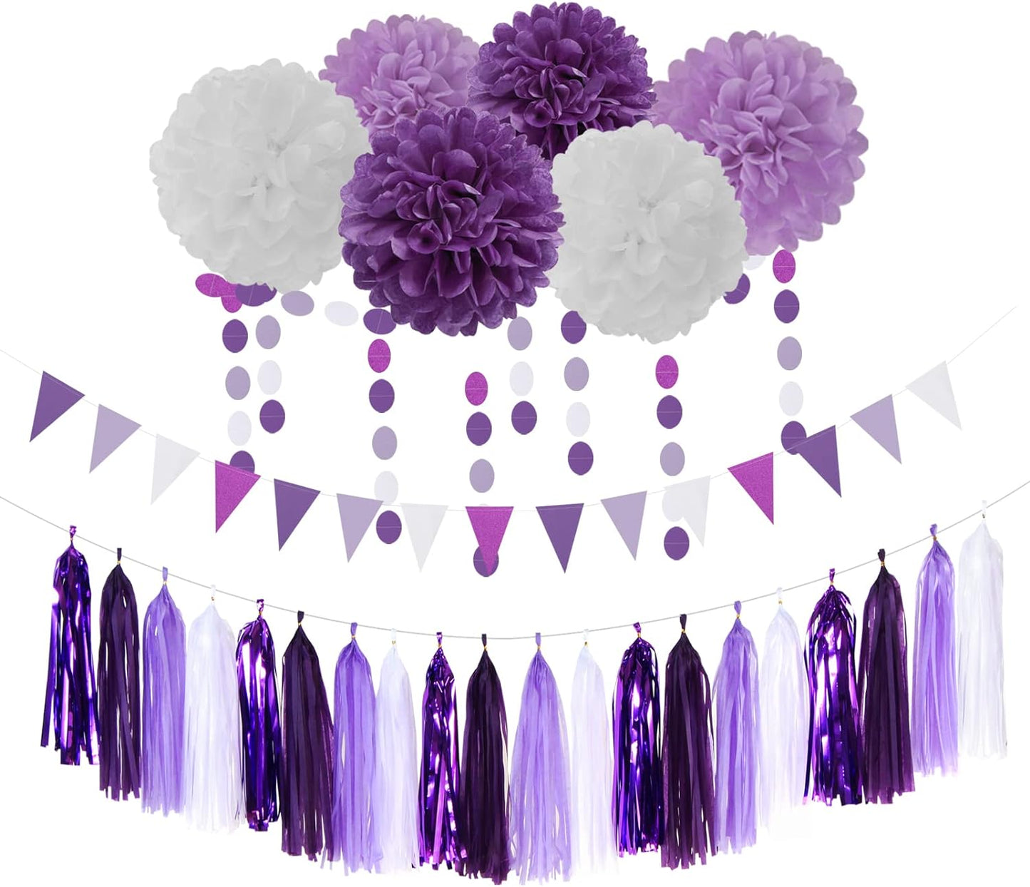 Purple White Lavender Party-Decorations Streamers - 28pcs Tissue Pom Poms,Women Girl Birthday Supplies Tassel Garland Banner,Baby Bridal Shower Wedding Engagement Bachelorette Graduation Decor Lasting Surprise
