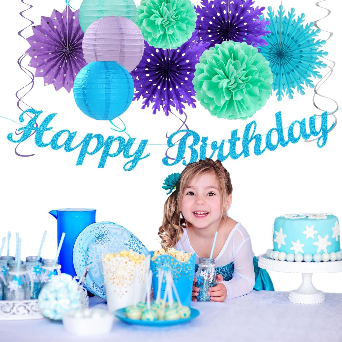 Winter-Wonderland Christmas-Snowflake Frozen Birthday Party-Decorations - 21pcs Happy Banner,Blue Purple Teal Paper Lanterns Honeycomb Streamers,Tissue Pom Poms Flower Fan,Hanging Decor Huglony