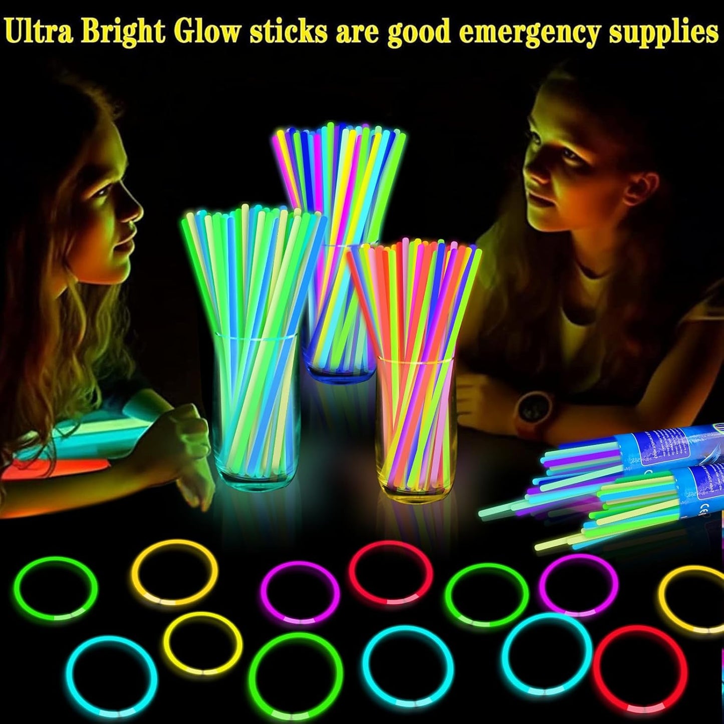 TURNMEON 100 Pack Ultra Bright Glow Sticks Bulk Party Pack Glow In The Dark Party Supplies Glow Sticks Necklaces Bracelets with Connectors 8" Glow stick Light Up Toy Birthday Wedding Pool Halloween