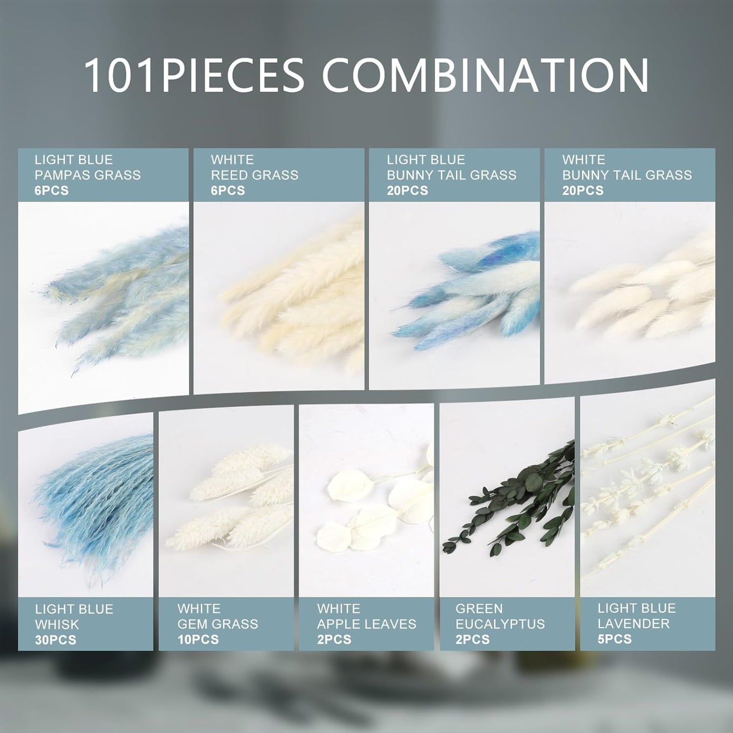 N&T NETING 101Pcs Blue Pampas Grass Decor Natural Dried Floral Pampas Grass Light Blue Boho Pampas Home Decor Fluffy Dried Pampas Flowers for Home Wedding Boho Beach Theme Table Decor