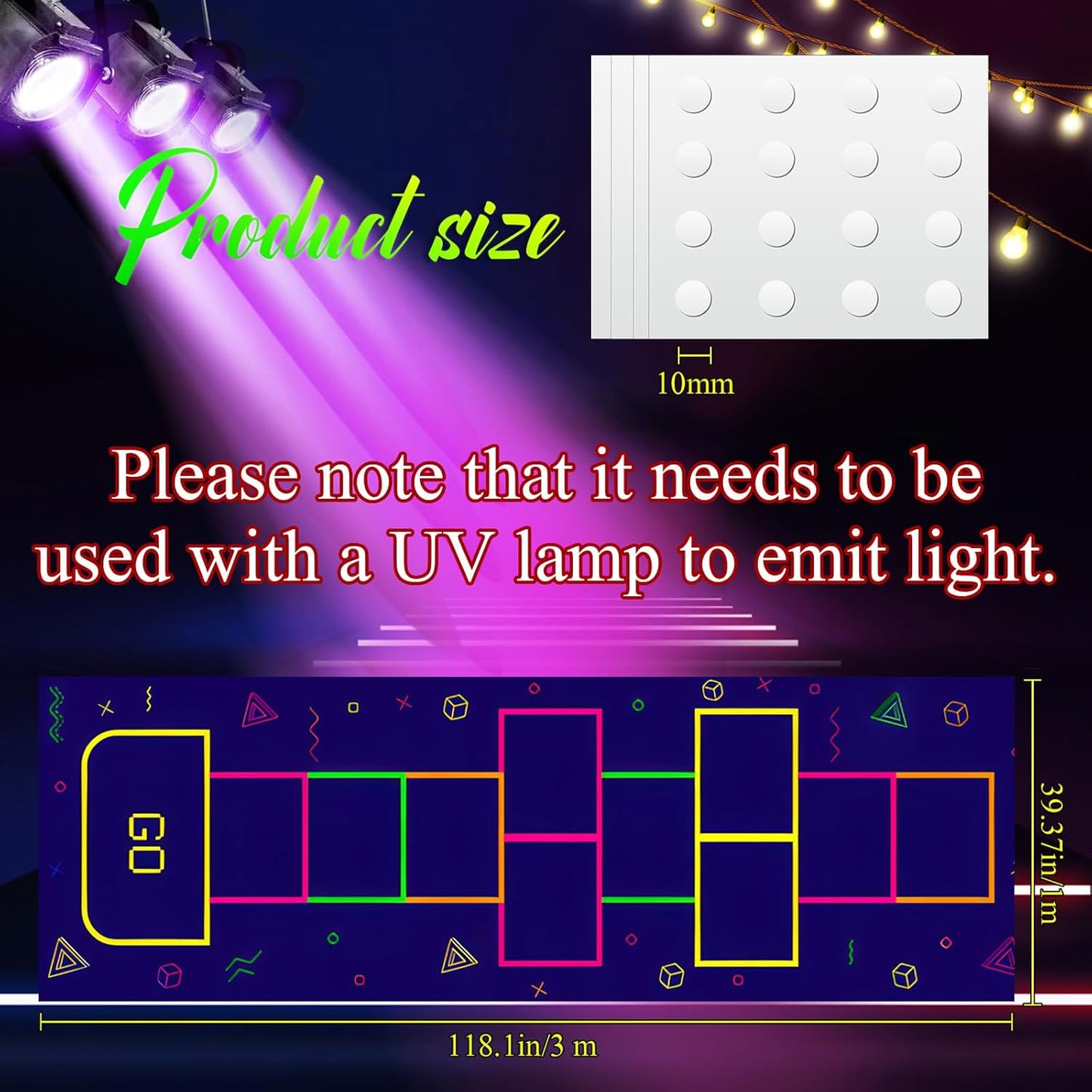 Haull 118 x 39 Inch Neon Light up Dance Floor Glow in The Dark Runner UV Reactive Blacklight Floor Aisle Runner Decor Wall Props for 80s 90s Neon Birthday Party Decorations(Hopscotch)