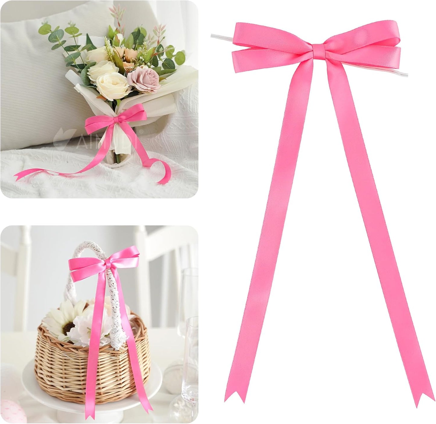AIMUDI Hot Pink Bows 5 × 10" Satin Bows for Gift Wrapping Twist Tie Bows Premade Ribbon Bows for Bouquets Invitations Baskets Crafts Wreaths Wedding Birthday Baby Shower Party Decorations, 36 PCs