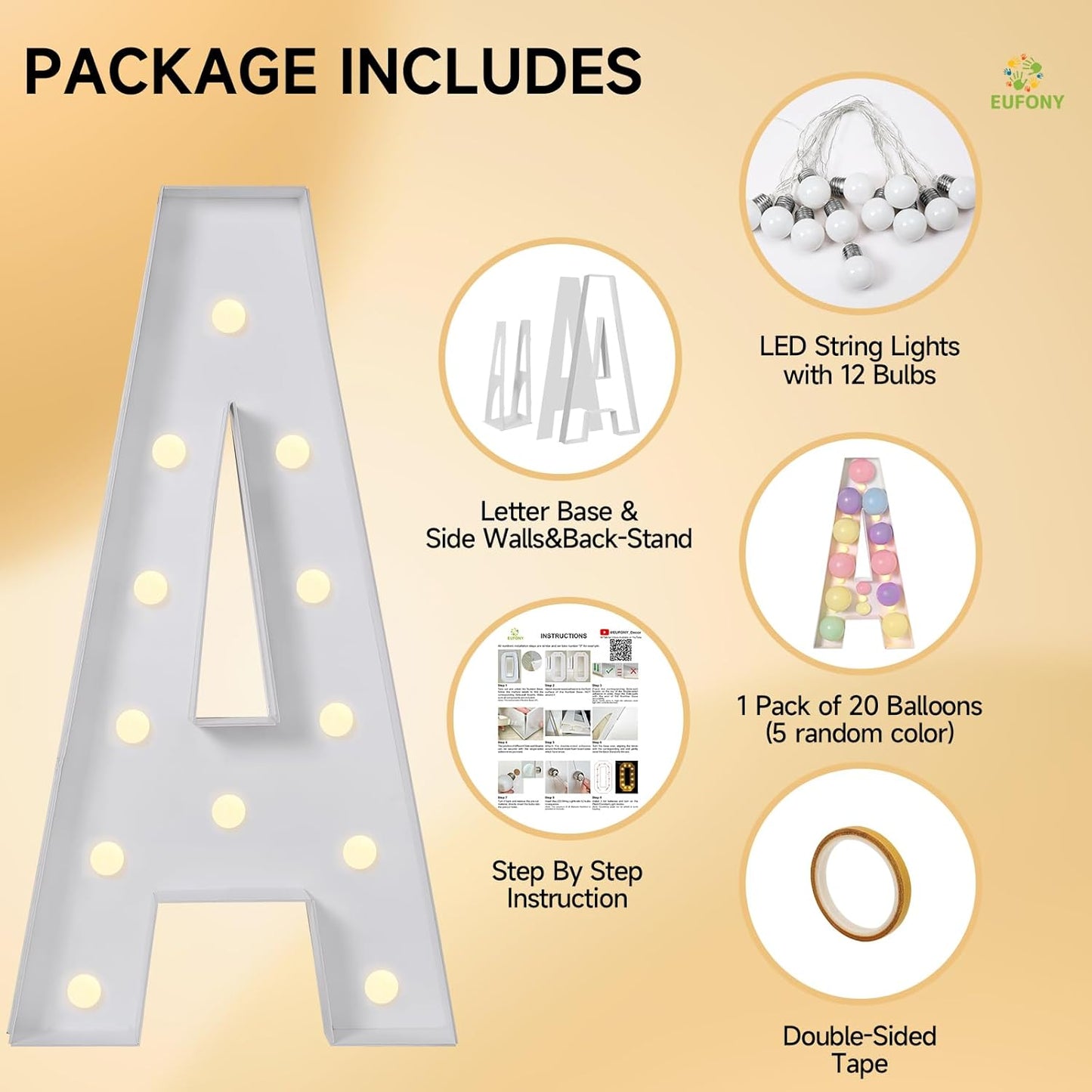 eufony Marquee Letters 4 Feet Tall, 4 FT Marquee Light Up Letters, Giant Light Up Letters 4FT for Birthday Party Baby Shower Gender Reveal Graduation Decorations, Letter O with LED Lights DIY Kit