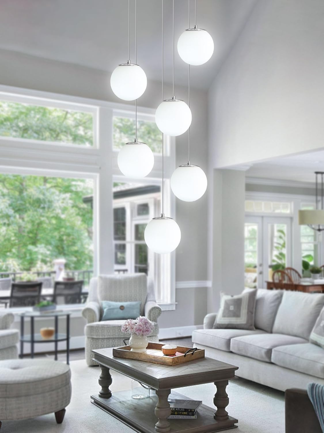 H 87in Globe Pendant Light 6-Lights Modern Hanging Chandelier for Kitchen Island Silver Globe Chandelier Milk White Glass Pendant Lighting for Living Room Bedroom Entryway