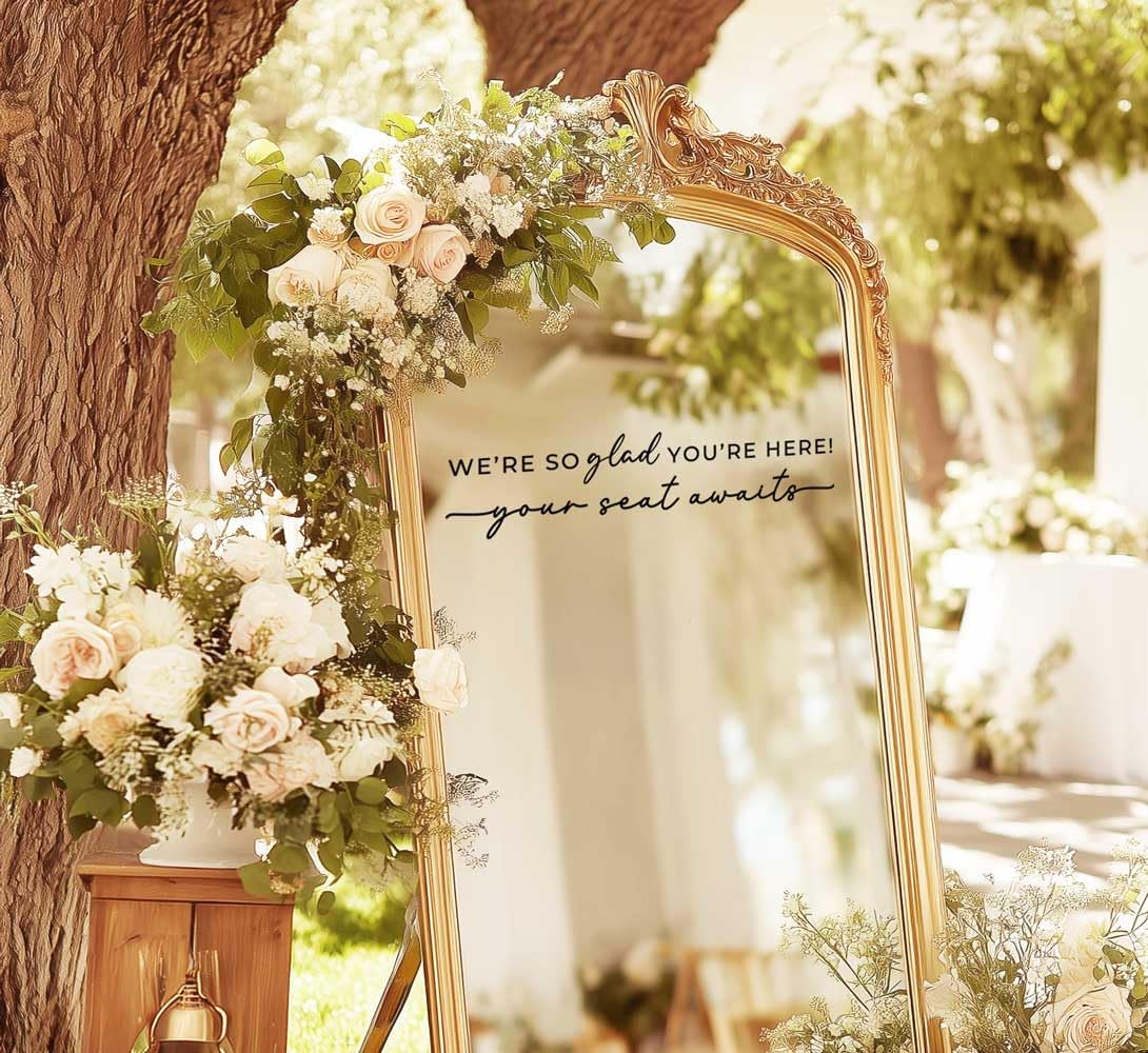 Wedding Sign Decal, Seating Chart Decal, Welcome Vinyl Wedding Mirror Decor, We're So Glad You're Here Seating Chart, Your Seat Awaits (Black, Width 20 inch)