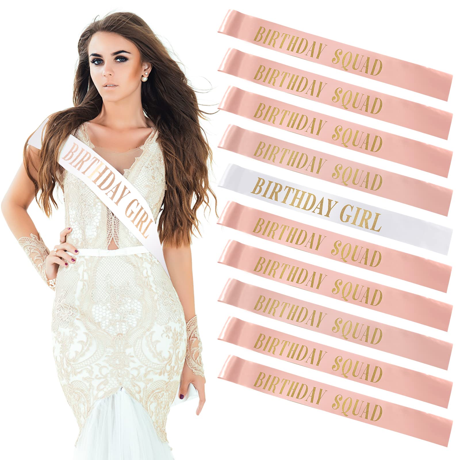 Weewooday 10 Pcs Birthday Squad Sash Set 9 Pink 1 White Birthday Group Sash Funny Party Decorations