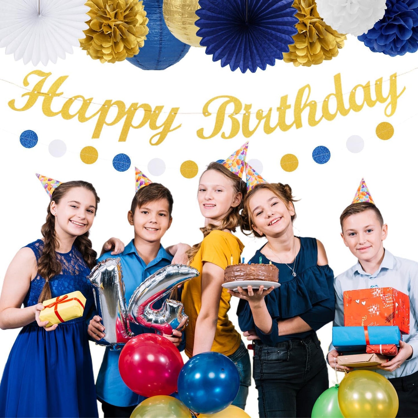 Royal-Navy Blue White Happy-Birthday Party-Decorations - 31pcs Men Women Boys Girl Paper Lanterns Streamers Banner,Gold Tissue Flowers Pom Poms Fans Tassels Graland Decor Supplies Hugmoon