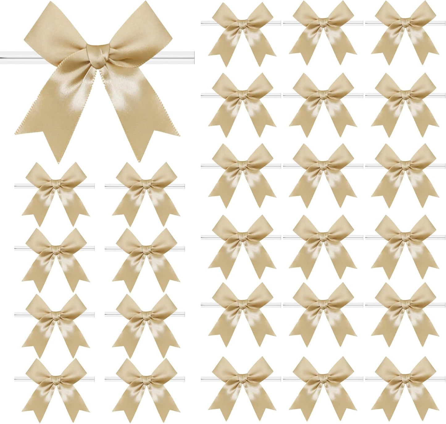 50 PCS Twist Tie Bows Satin Ribbon Bows 3.3 Inch Gift Wrap Bows Craft Bows for Gift Wrapping, Party Decorations Gifts Bag DIY Treat Bags Wedding Decor Baby Shower Christmas (Golden)