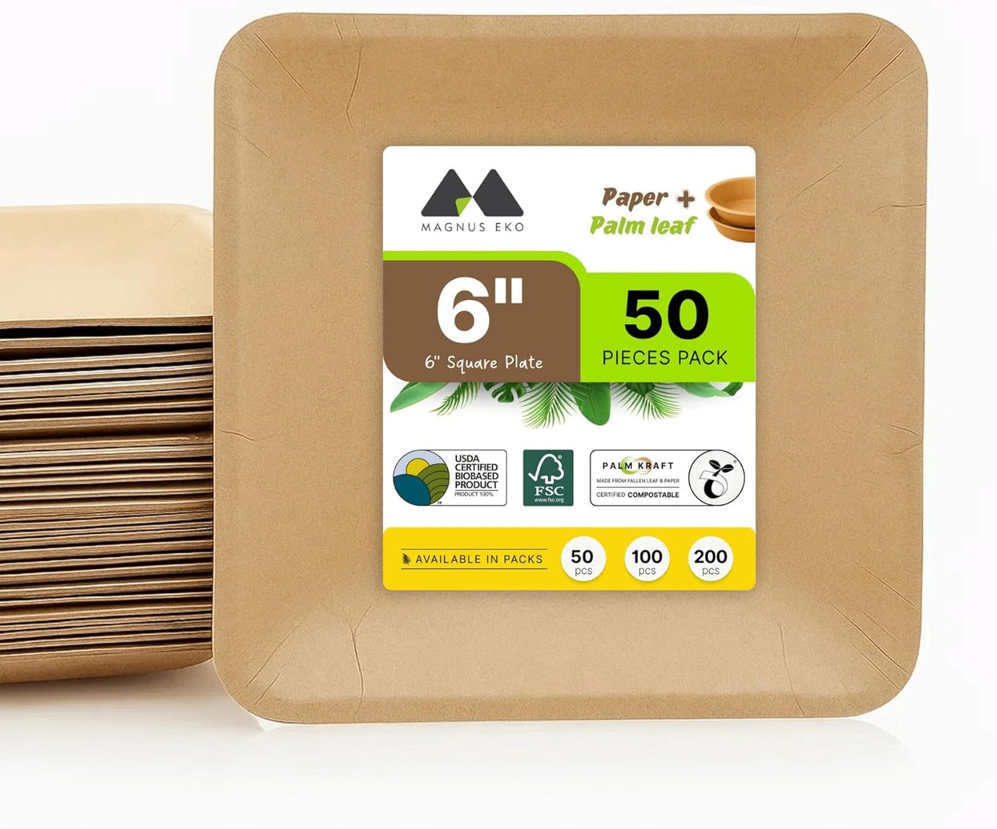 magnus EKO Kraftware | 6 Inch Square Plates 50 Pcs | Disposable Plates | Like Bamboo Plates For Appetizer & Desert | Eco Friendly, Compostable & Biodegradable plates for Catering, Weddings, Parties