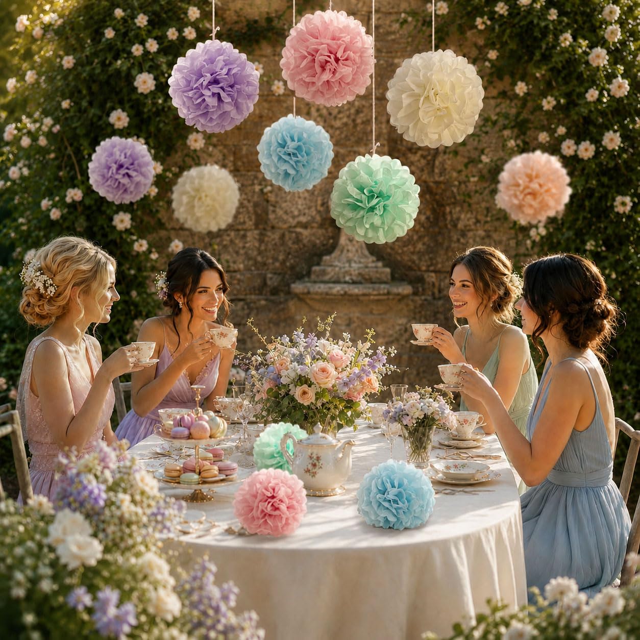 ANSOMO Pastel Tissue Paper Pom Poms Colorful Birthday Party Decorations