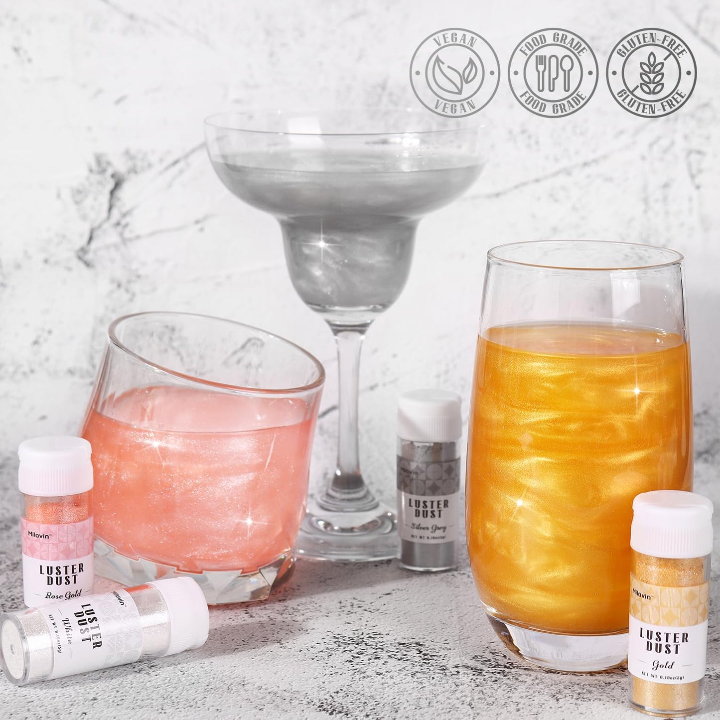 Edible Glitter for Cocktails, Luster Dust Edible, 4 Colors 5g/bottle Edible Glitter for Baking, Drinks, Cake Decorating, Cupcakes, Chocolate, Strawberries, and Waffles(Gold, Rose Gold, White, Silver)