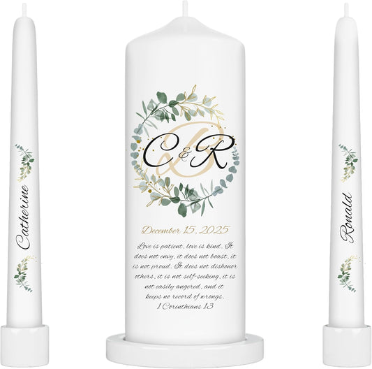 Unity Candles for Wedding, Modern Unity Set, Custom and Personalized Pillar and Taper Candles with Bible Quote, Unscented White Premium Wax, Religious and Wedding Ceremony, Special Events (Zinnia)