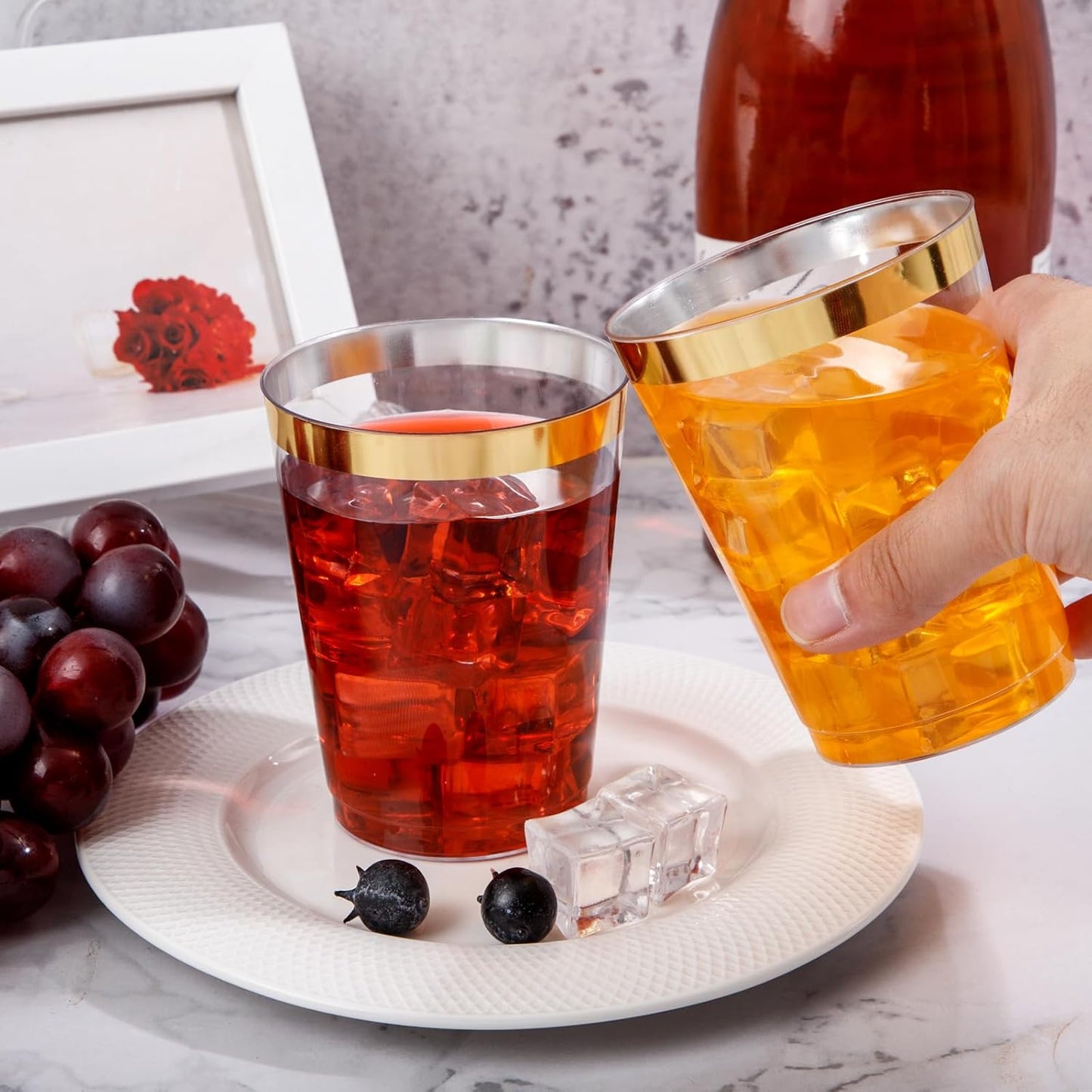 DaYammi 200 Pack Gold Plastic Cups 10 Oz Clear Plastic Cups Gold Rimmed Disposable Wine Glasses Heavy Duty Disposable Tumblers Drinking Cocktail Glasses for Party Wedding