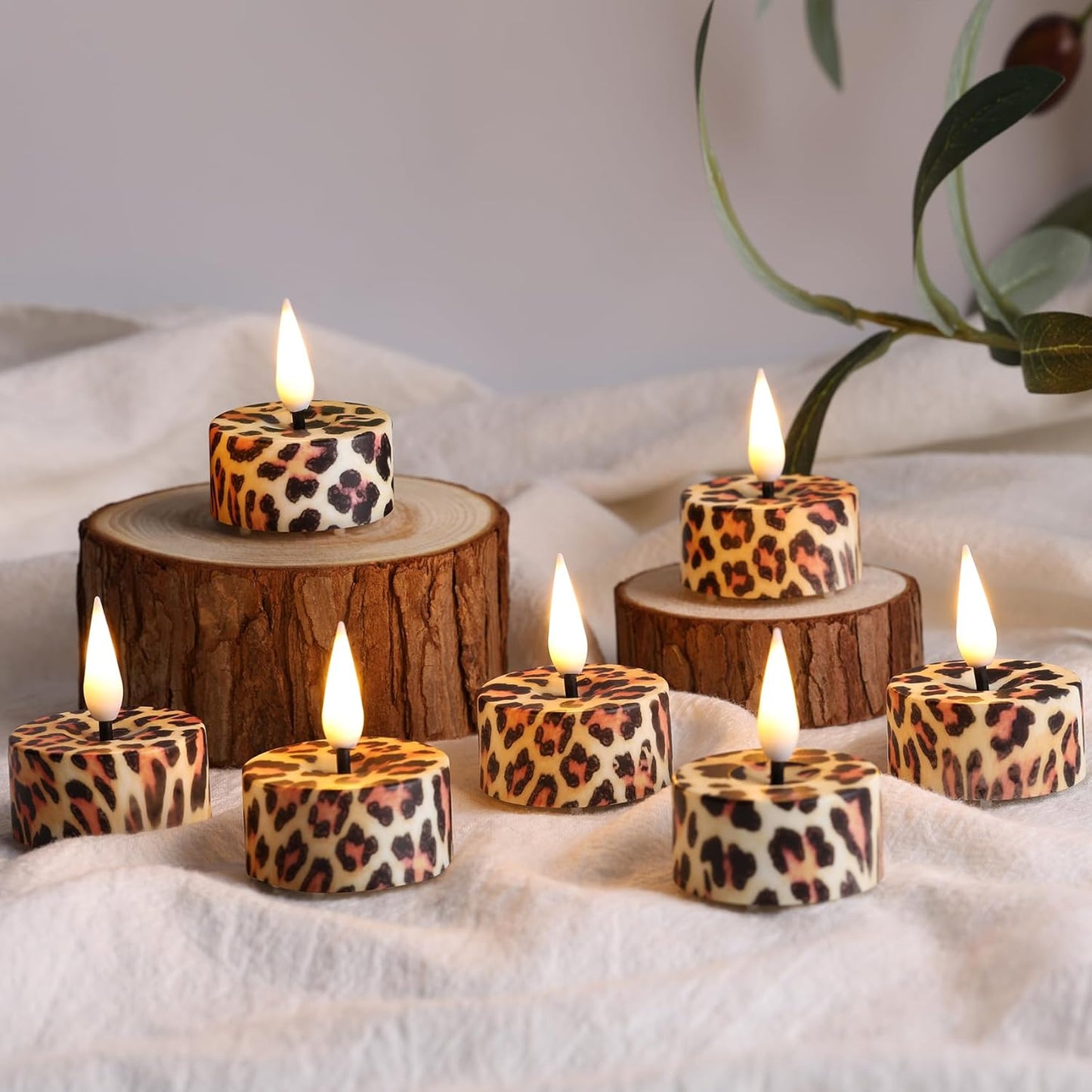 Eywamage Leopard Flameless Tealights with Remote Batteries Included, Flickering Plastic Cheetah LED Tea Votive Candles Set of 12