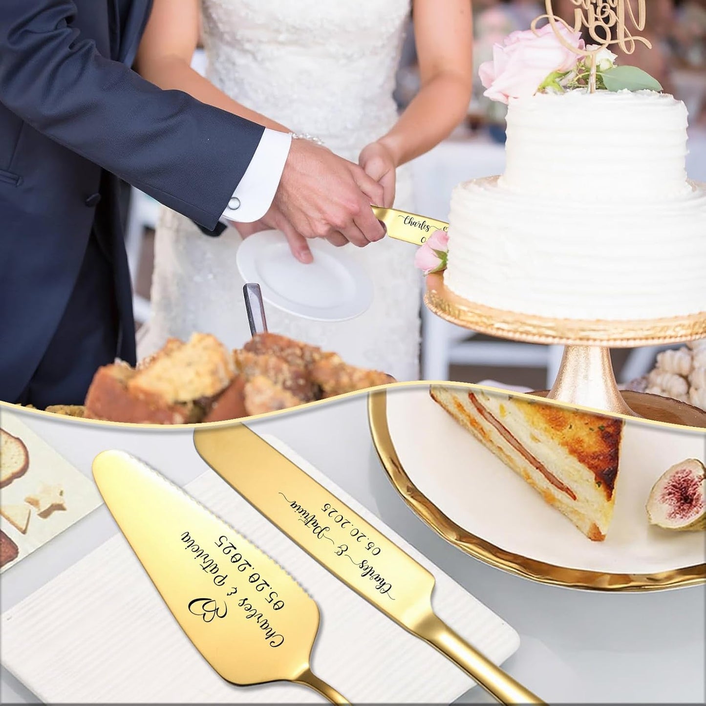 Custom Wedding Cake Knife and Server Set Personalized Cake Cutter with Engraved Text Bridal Cake Cutting Set with Gift Box for Weddings Anniversary Birthday (Gold - Text)