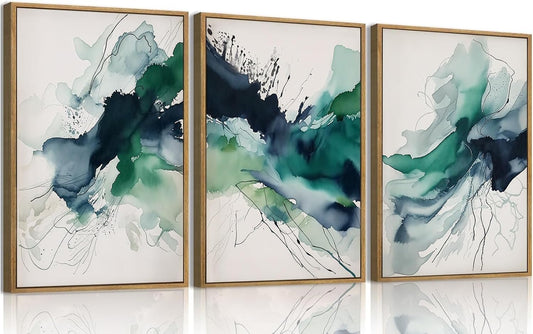 myusuar 3 Piece Large Abstract Framed Wall Art For Living Room, Smoke Texture Ink Emerald Green Canvas Wall Art Modern Minimalist Art Prints Wall Décor For Bedroom Office 16x24in