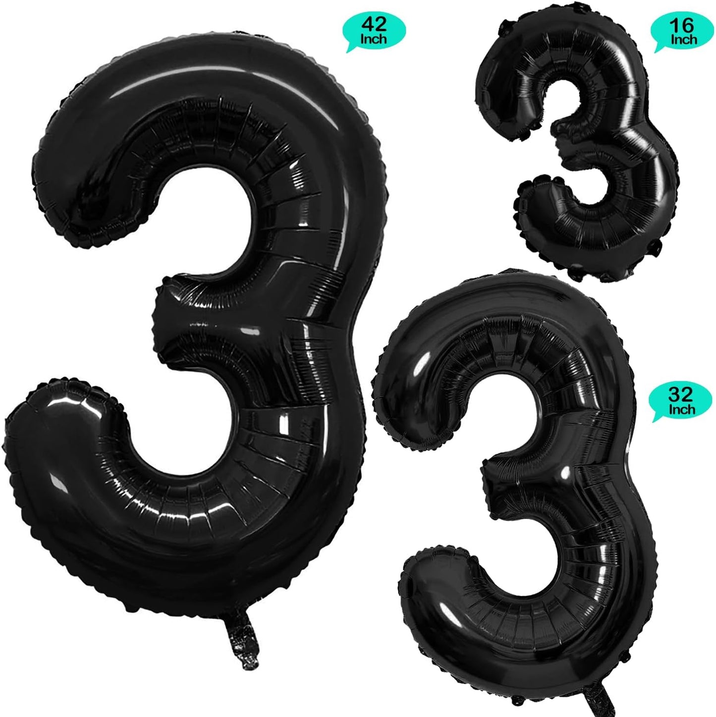GOER Black Foil Balloons Number 3,Huge Number Balloons for 3rd Birthday Party Supplies Anniversary Decorations (3 pcs,42 inch,32 inch,16inch)