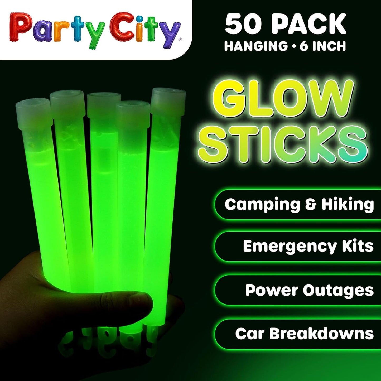 Party City Green Glow Sticks Bulk Pack 6”- 50pk Glow in the Dark Sticks for Kids, Waterproof Camping Survival Ultra Bright Emergency Light Stick with String, Neon Glowsticks Party Supplies Favors
