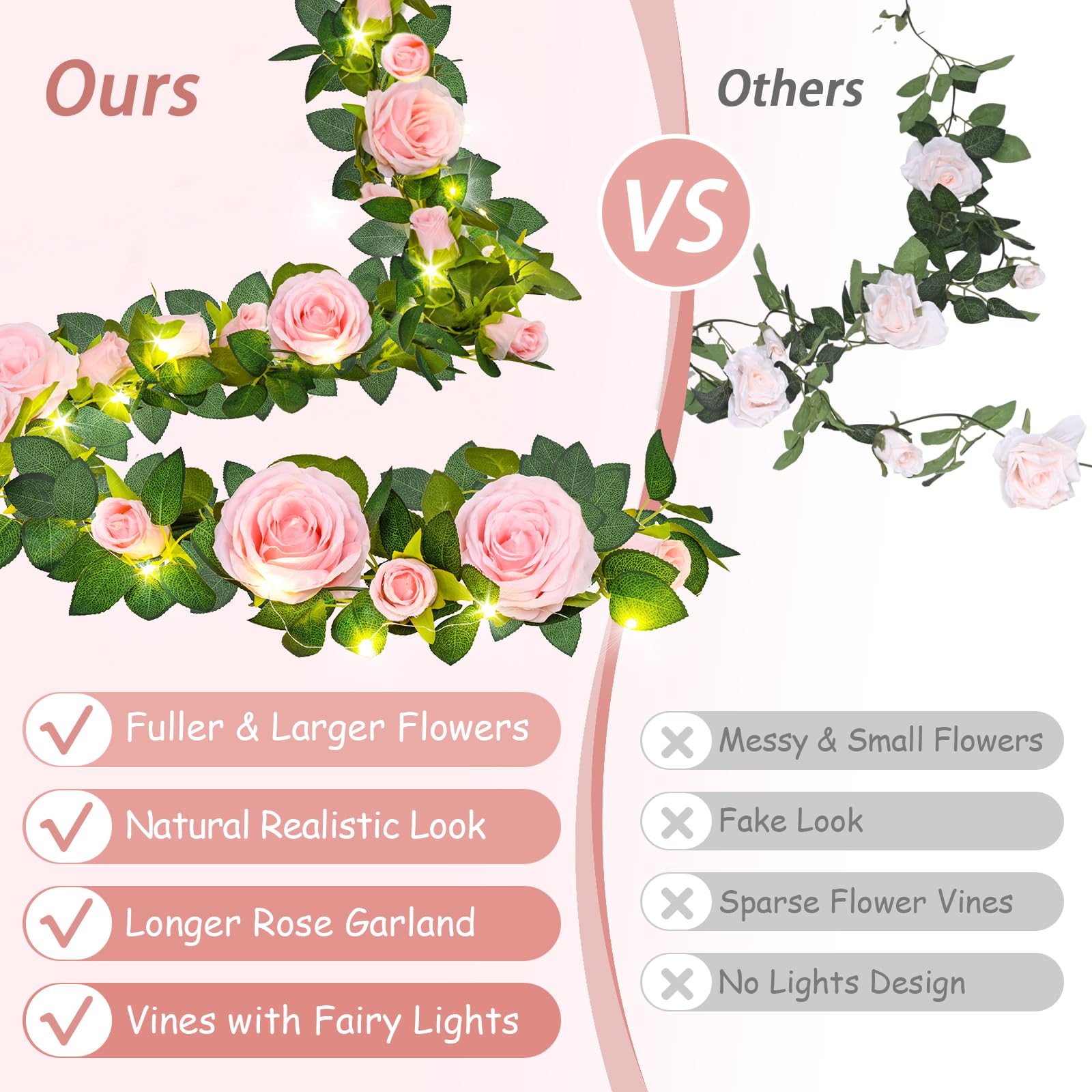 Flower Garland Fake Flowers, Rose Floral Garland, Pink with Lights, 2 Pcs