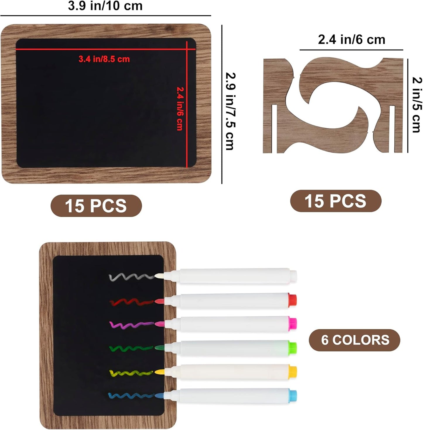 Temlum 15 Pcs Mini Chalkboard Sign with 6 Color Chalk Markers, 2.9″ x 3.9″ Wooden Blackboard Reusable Small Chalkboards for Food, Buffet, Message Board, Table Number (Rustic Brown)