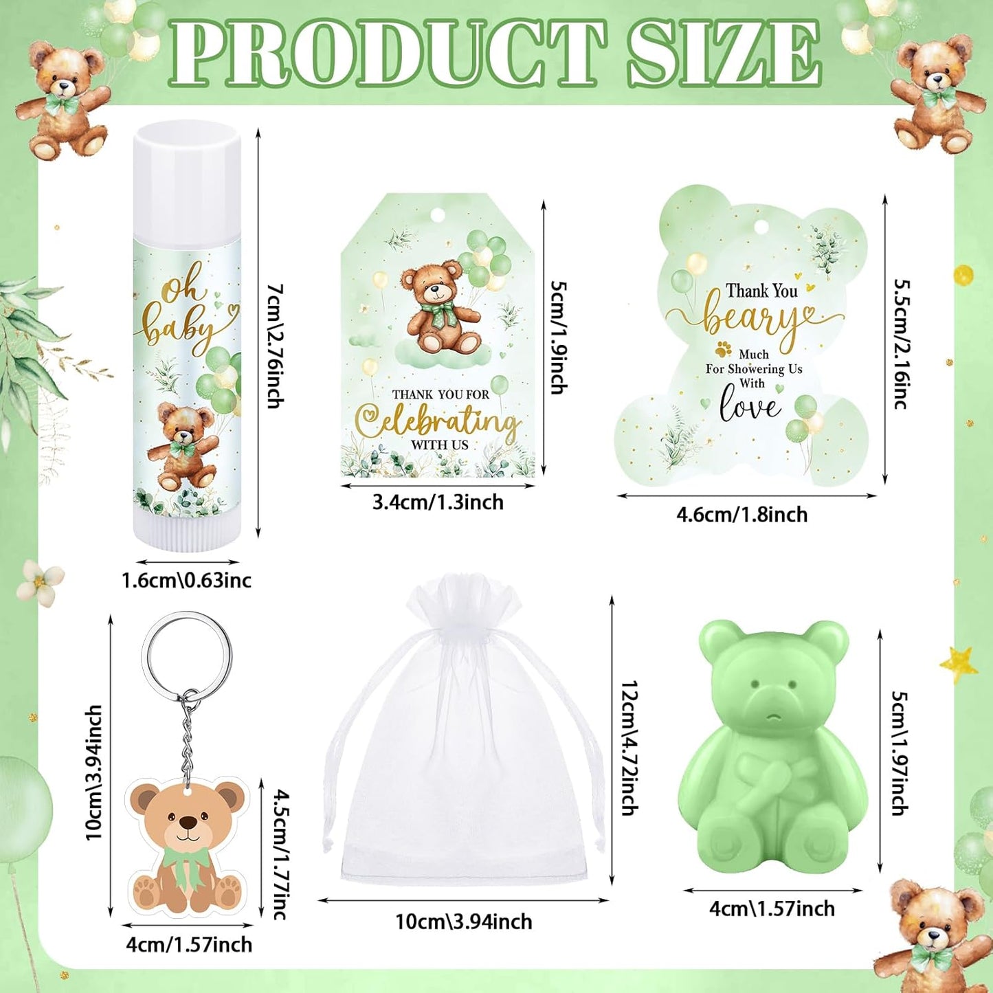 288 Baby Shower Favors Baby Shower Gifts Bulk Lip Balms Soaps Keychains Organza Bags Guest Appreciation Gift with Thank You Tags and Cards for Boys Girls Guest Gift(Green,Bear)