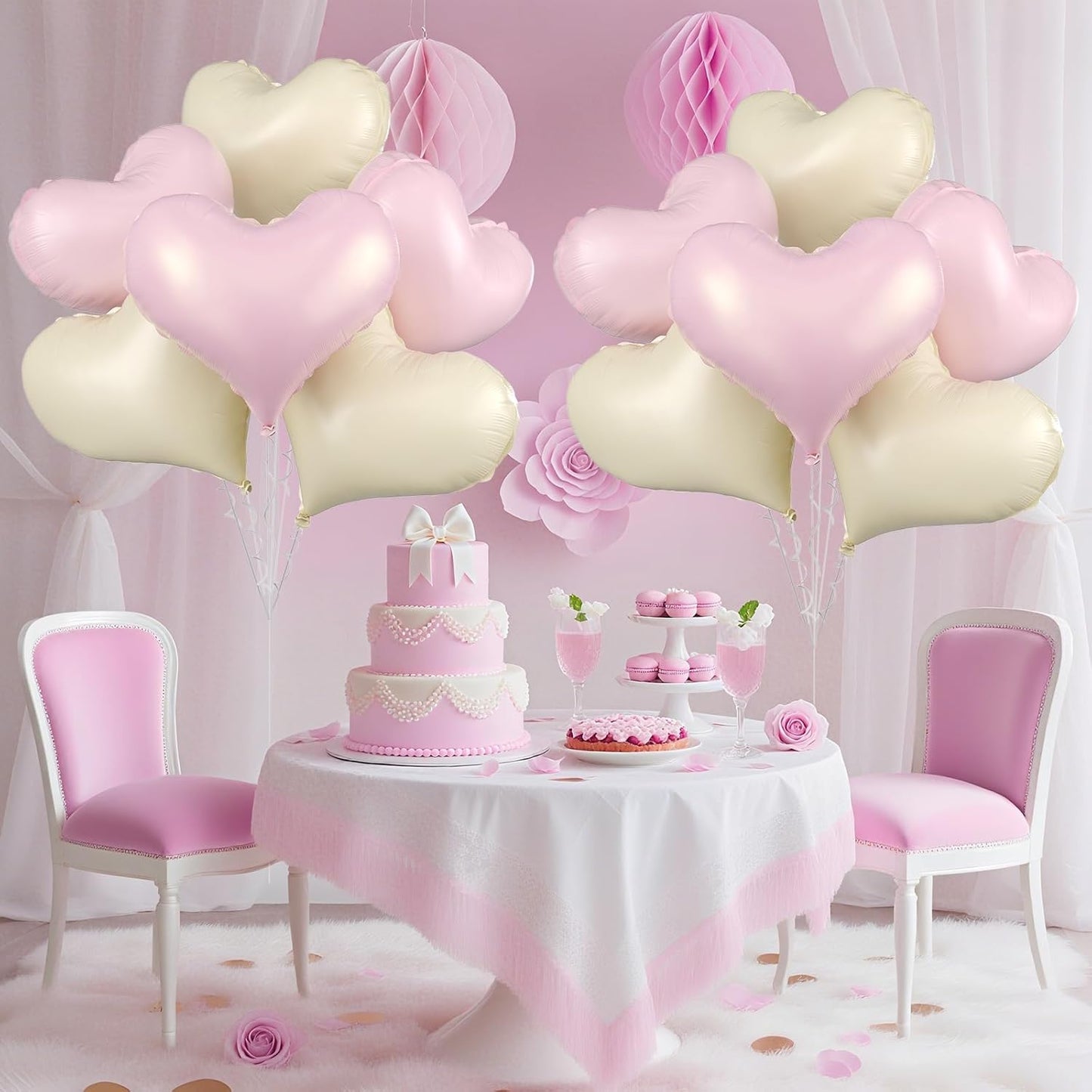Pink White Heart Balloons,24Inch Large Cream White Heart Foil Balloons for Valentine's Day Birthday Wedding Baby Shower Anniversary Decorations