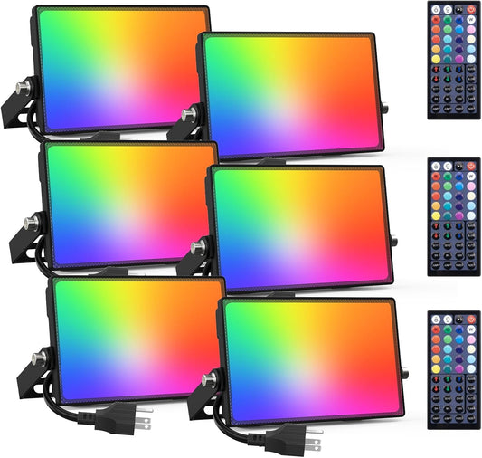 Onforu 6 Pack RGB LED Flood Light Outdoor, 50W Color Changing Uplights with Remote, 2700K Warm White IP66 Stage Lighting, Landscape Floor Spotlights Indoor, Uplighting Indoor Floor Light for Christmas