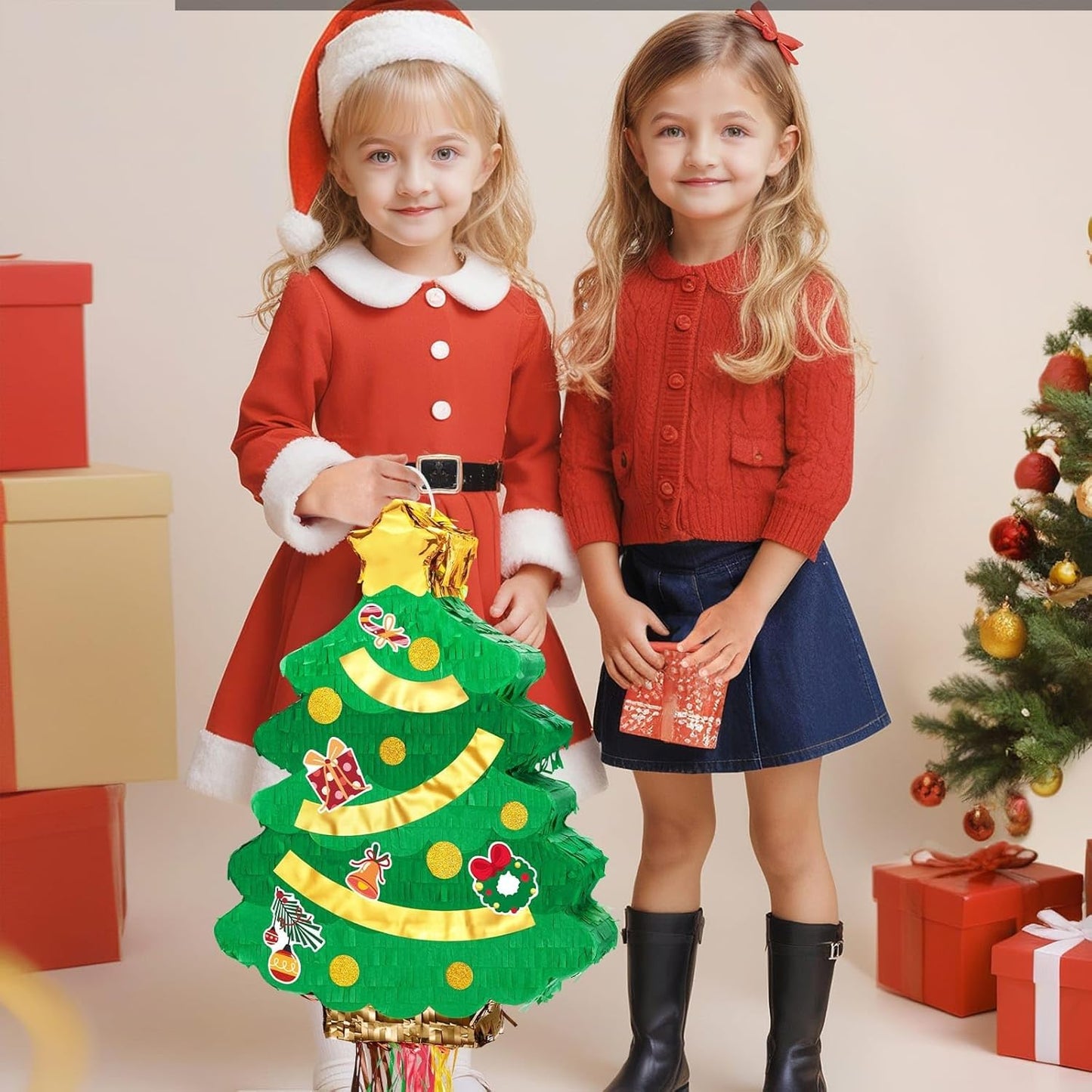 WERNNSAI Christmas Tree Pinata - Christmas Decorations XmasTree Party Game for Kids Festival Party Decor Supply Green Tree Design Merry Xmas Favor Pull String with Blindfold Bat 16.5” x 12.4”