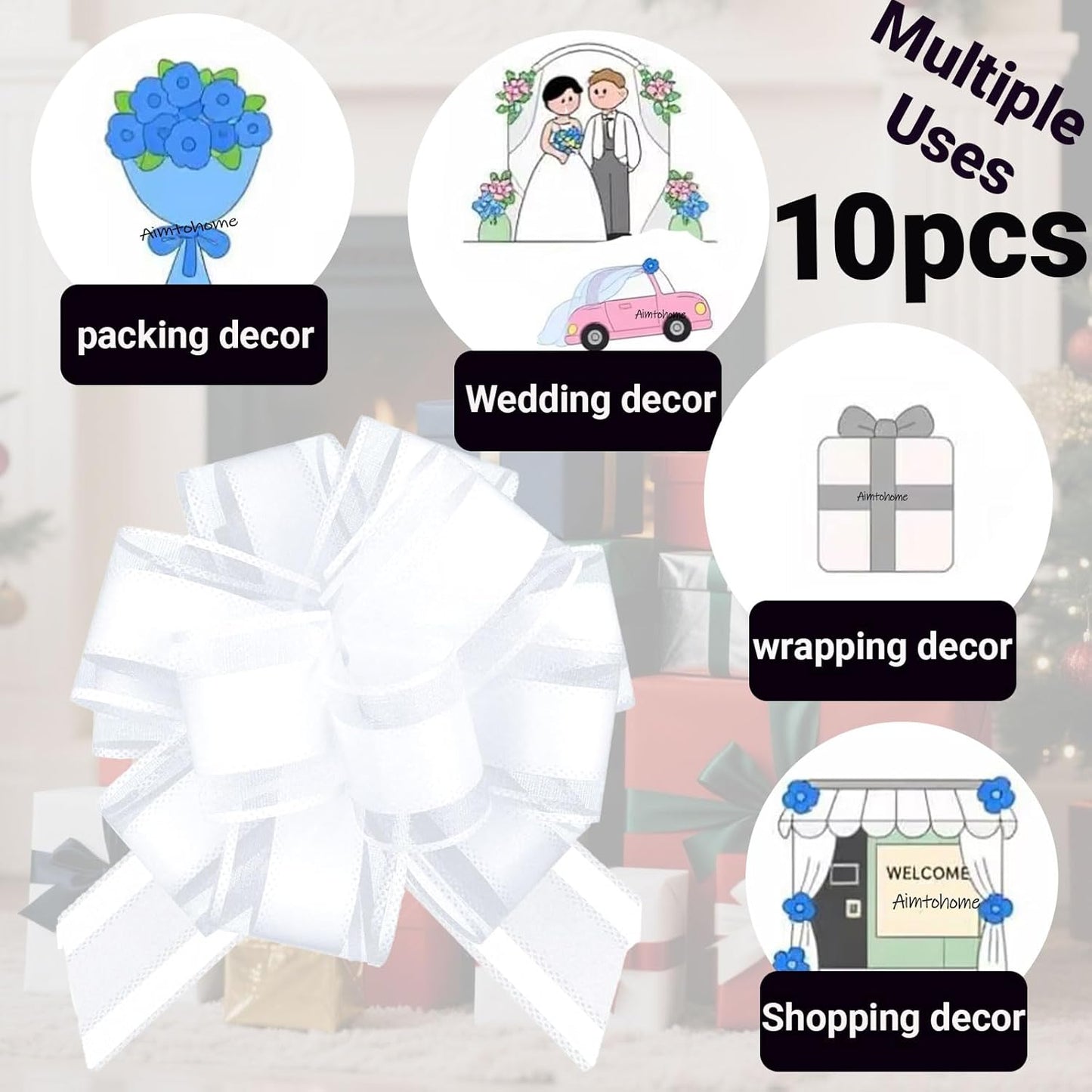 Small Pull Bows, 10 PCS 4 Inch White Gift Bows for Wrapping,Basket, Wedding,Birthday Party,Flower Bouquet Decoration