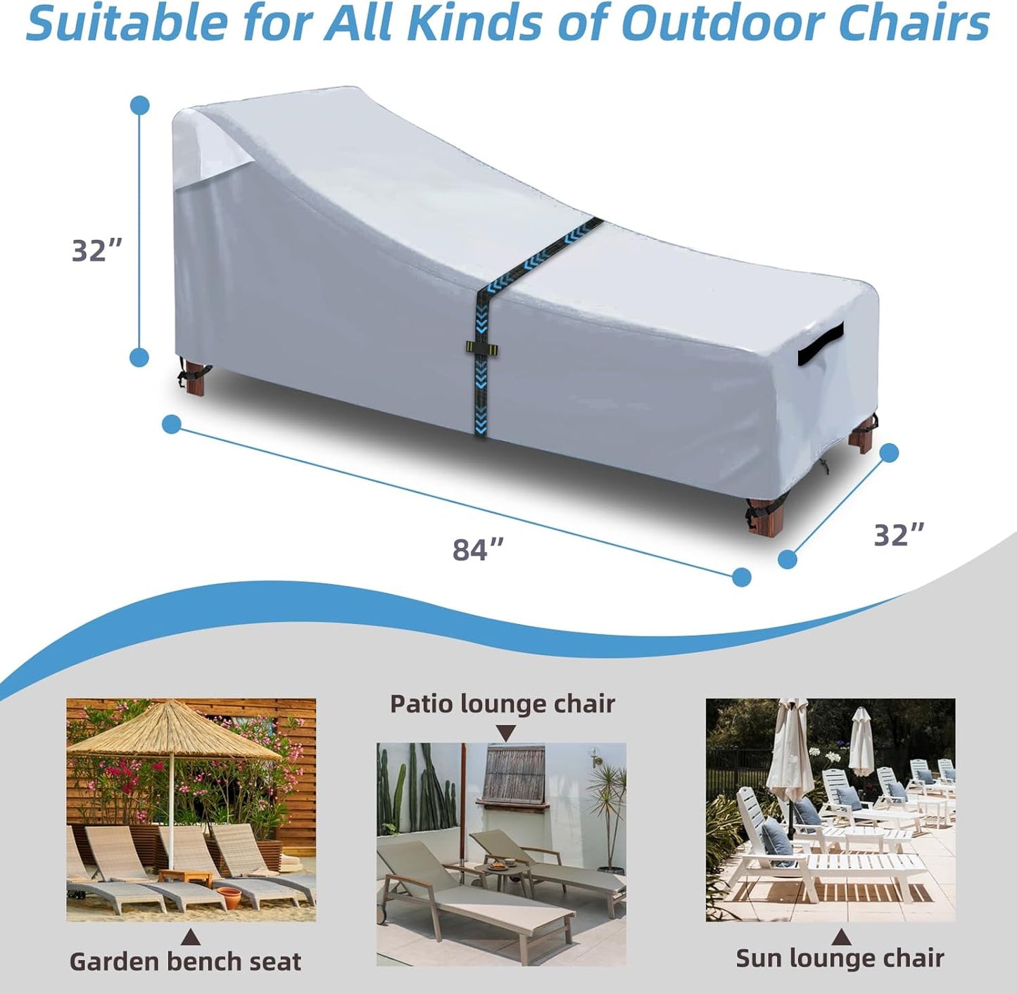 Patio Chaise Lounge Cover with Handles, Outdoor Lounge Chair Cover Waterproof UV Resistant, Patio Furniture Covers with Air Vent (84L x 32W x 32H) inch