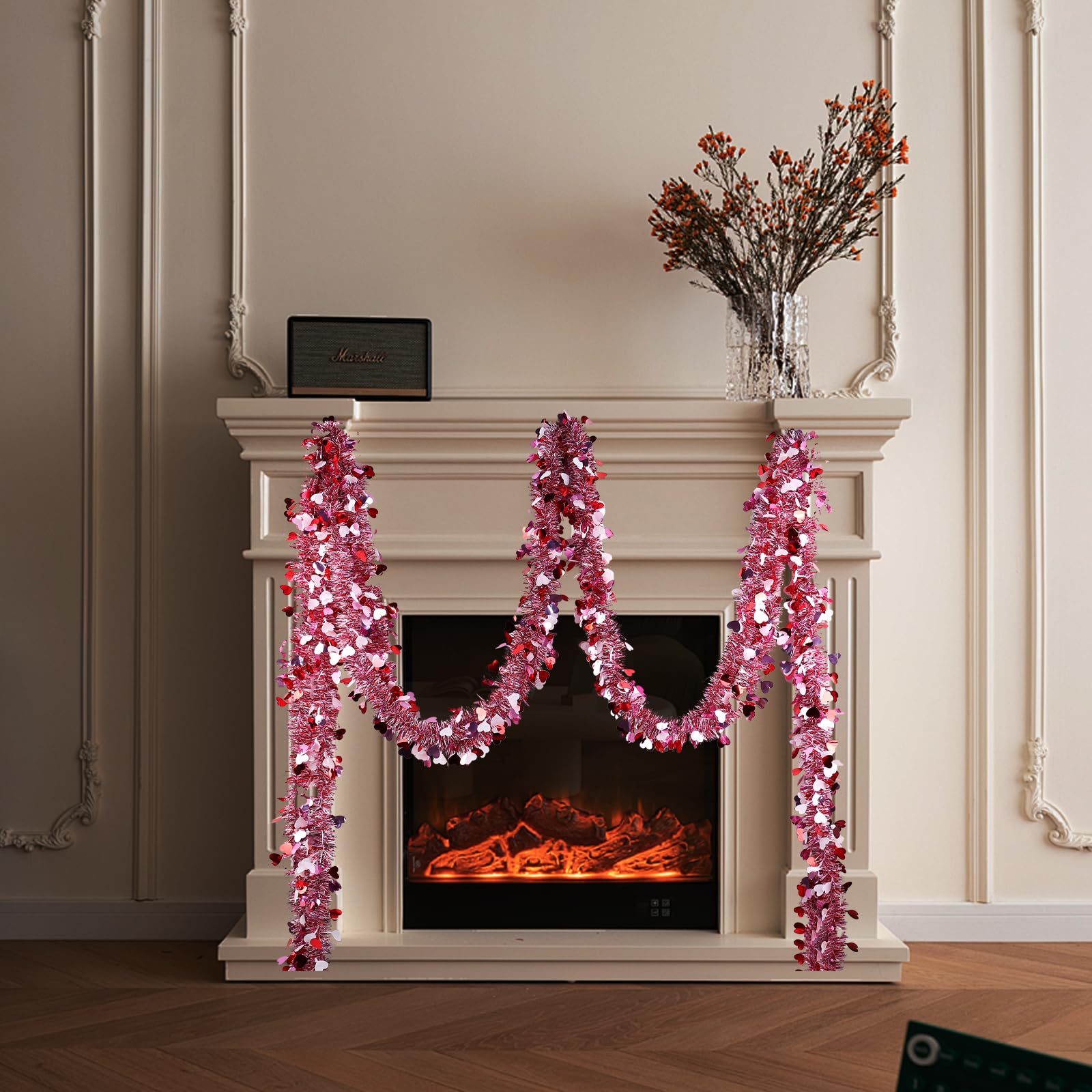 Valentines Garland Decor,50Ft Glitter Tinsel Heart Garland Decorations for Tree Mantle Bedroom