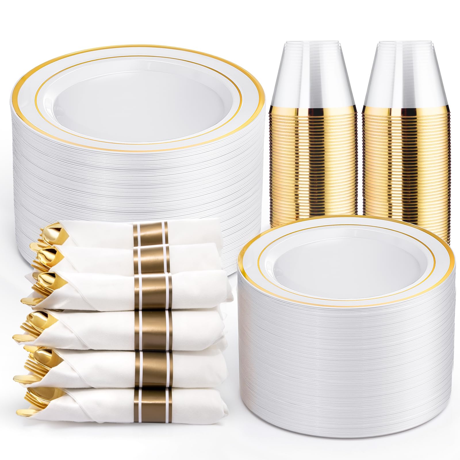 WELLIFE 350-Piece Gold Disposable Plates and Cutlery Set - Premium 10.25" Dinner Plates, 7.5"