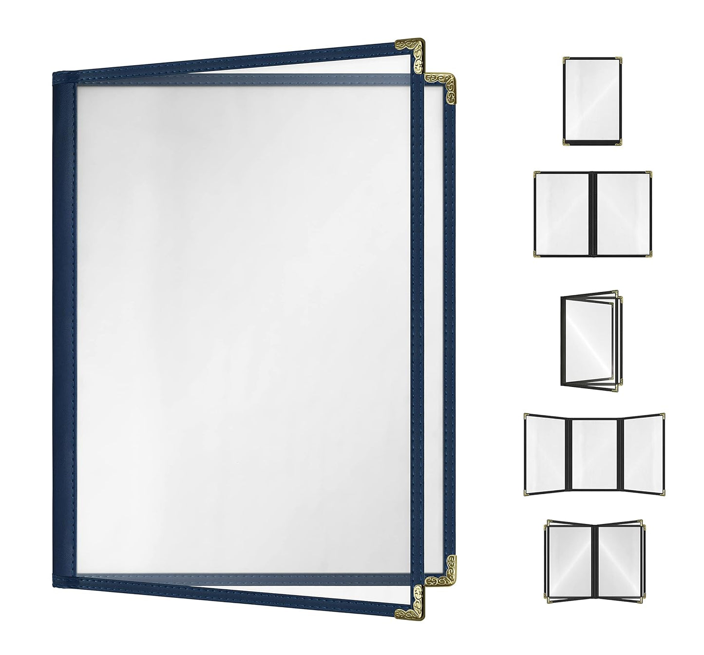 Goodsmart Restaurant Menu Covers - 25 Pack Blue 8.5" x 11", 2-Page/4-View, Side-Loading Vinyl Menu Holders, Clear Sleeves, Double-Stitched Edge, Leather-Style Café Menu Covers with Gold Corners