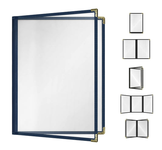 Goodsmart Restaurant Menu Covers - 25 Pack Blue 8.5" x 11", 2-Page/4-View, Side-Loading Vinyl Menu Holders, Clear Sleeves, Double-Stitched Edge, Leather-Style Café Menu Covers with Gold Corners