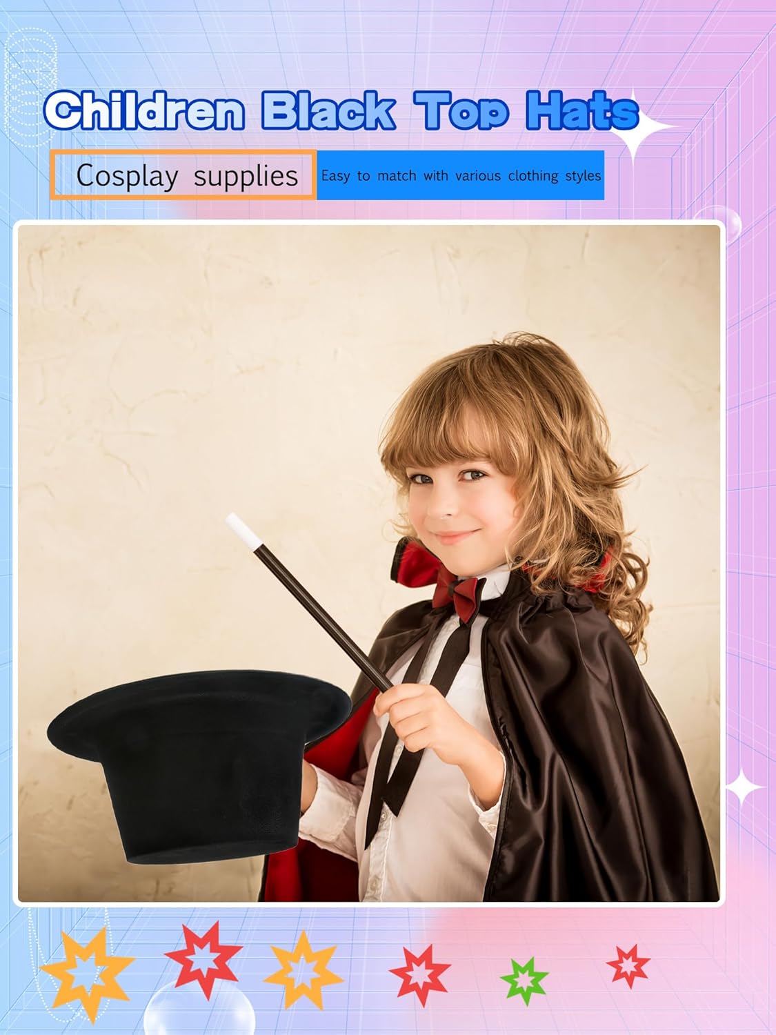 8 Pack Kids Plastic Top Hat Black Magician Hat Party Top Hat for Toddler Halloween Christmas Costume Accessory