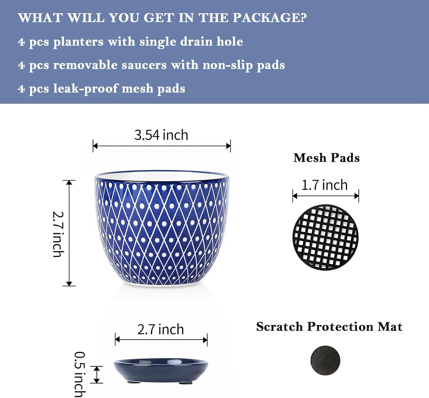 Selamica Ceramic Succulent Pots with Drainage Holes, Small Flower Pots 3.5 Inch Plant Pots for Indoor Plants with Saucers, Cactus Succulent, Home Decor, Set of 4, Vintage Blue