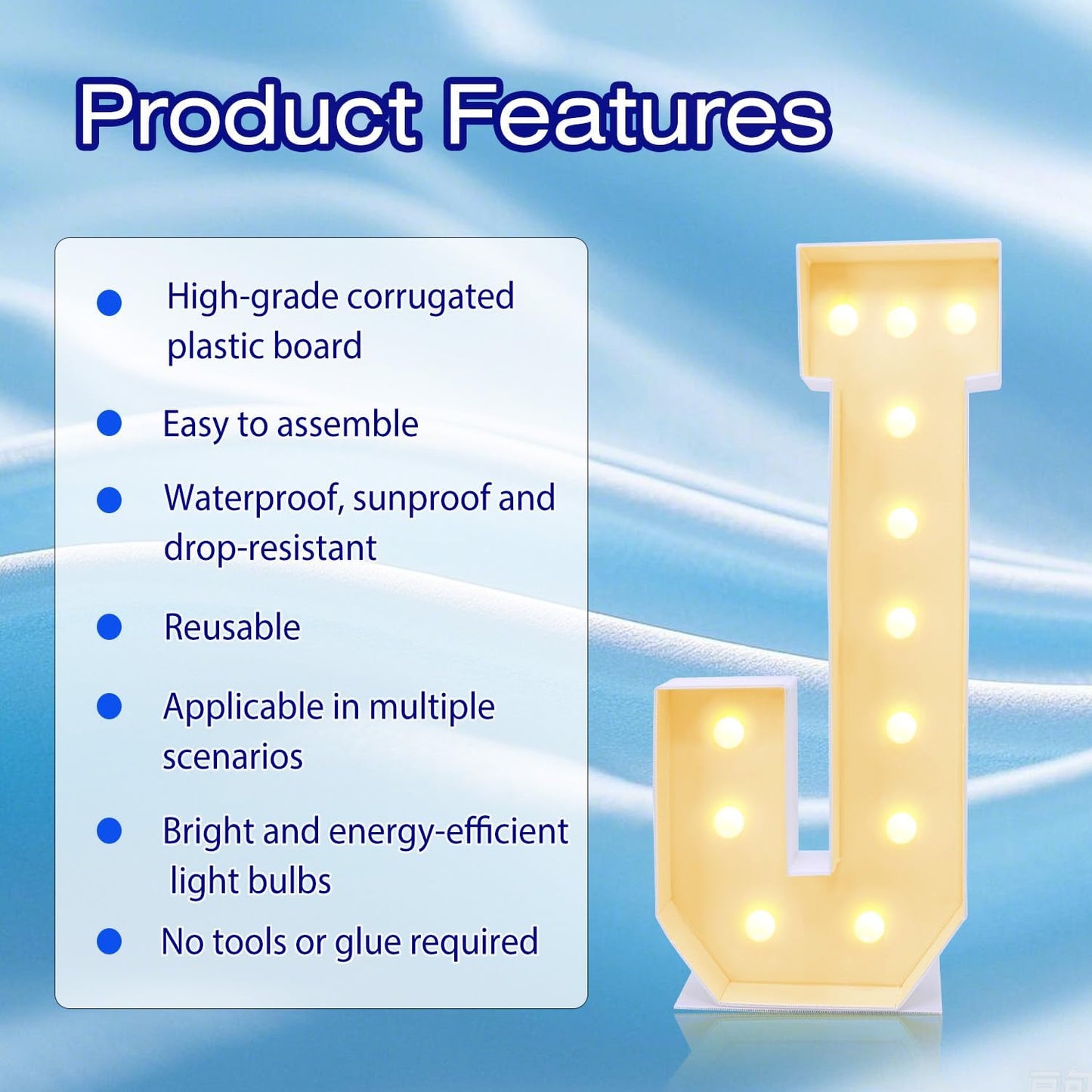 4FT Marquee Plastic Letters J - Light up Letters J Are Made from Corrugated Plastic Board - Quick Assembly Without Tools, Disassembled Components Can Be Used for Garage Sale Signs, Yard Sale Signs