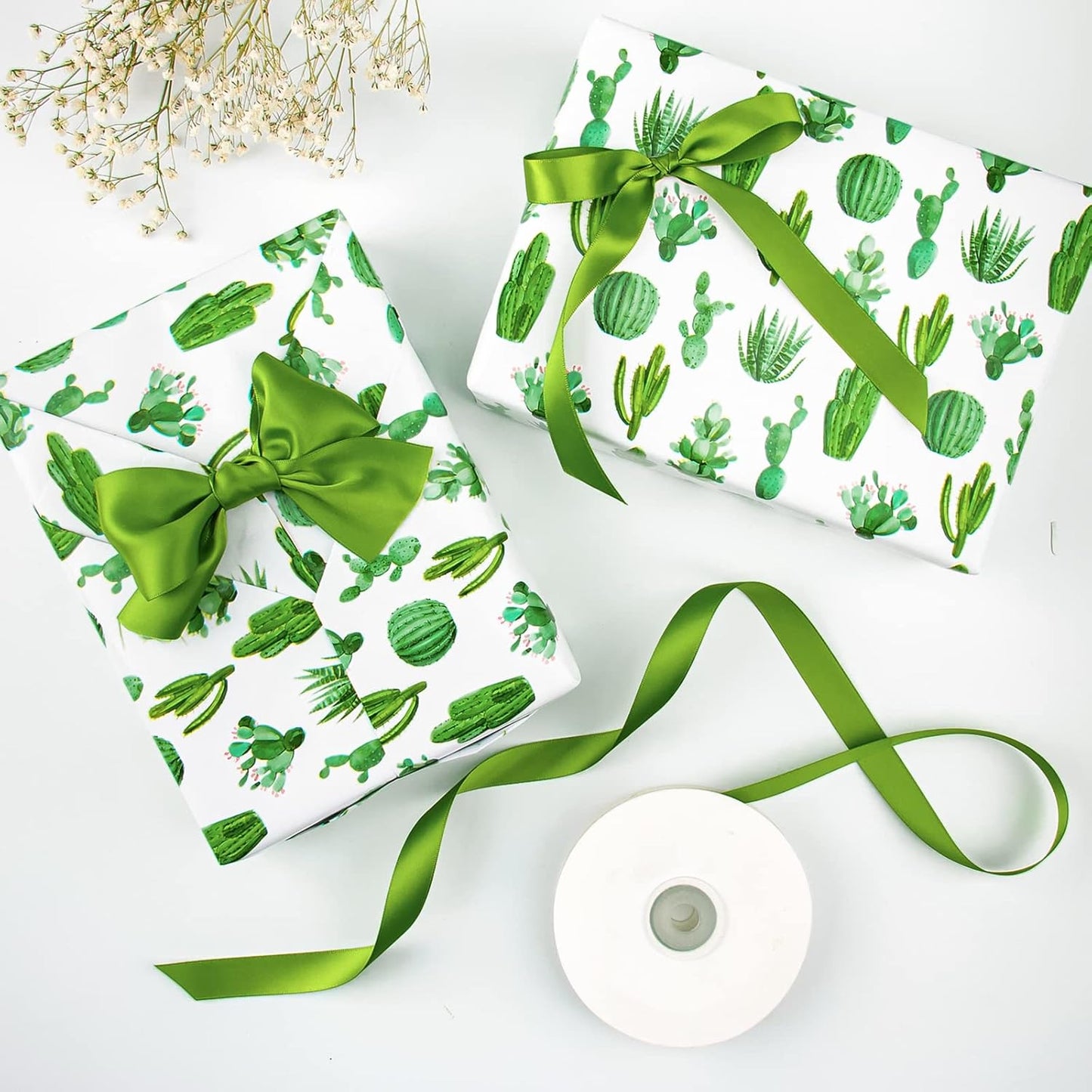 WRAPAHOLIC Reversible Cactus Wrapping Paper - Mini Roll - 17 Inch X 33 Feet - Watercolor Green Cactus Hawaii Wrapping Paper for Birthday, Wedding, Bridal Shower, Baby Shower