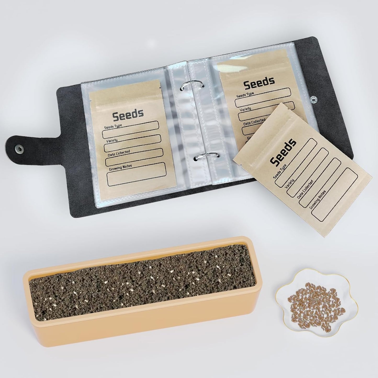 coutnier Seed Organizer Binder with 50 PCS Resealable Seed Envelopes - 50 Storage Pockets, 3.5x5 Inch Clear Sleeves, Seed Saver for Garden Lover - Blue