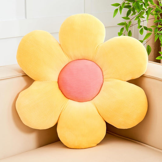 Yellow Flower Pillow, 14.9" Cute Flower Shaped Floor Pillow, Aesthetic Floral Plush Daisy Decorative Throw Pillows for Bed Sofa Couch
