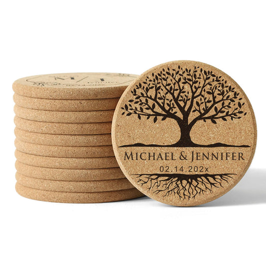 Personalized Cork Coasters - Custom Engraved Wedding Favor,Natural Round Drink Coasters, Bulk Guest Gifts, Bridal Shower,Party,Reception and Anniversary Gift Decor - Set of 25-300pcs