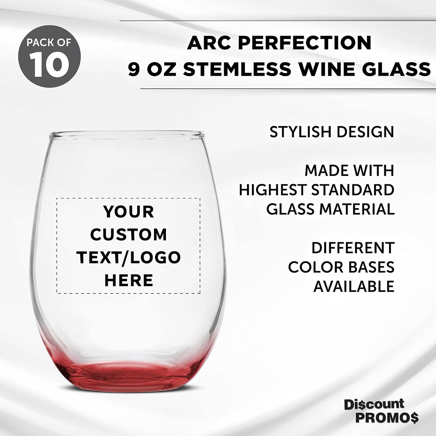 Custom Stemless Wine Glass 9 oz. Set of 10, Personalized Bulk Pack - Great for Wedding Favors, Bachelorette Party Decorations, Party Favors, Color Bottom - Red