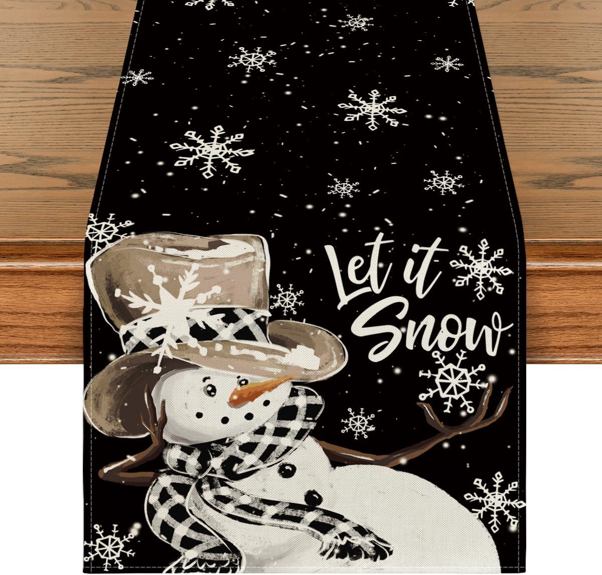 Artoid Mode Black Snowman Snowflake Let it Snow Winter Table Runner, Christmas Kitchen Dining Table Decoration for Home Party Decor 13x36 Inch