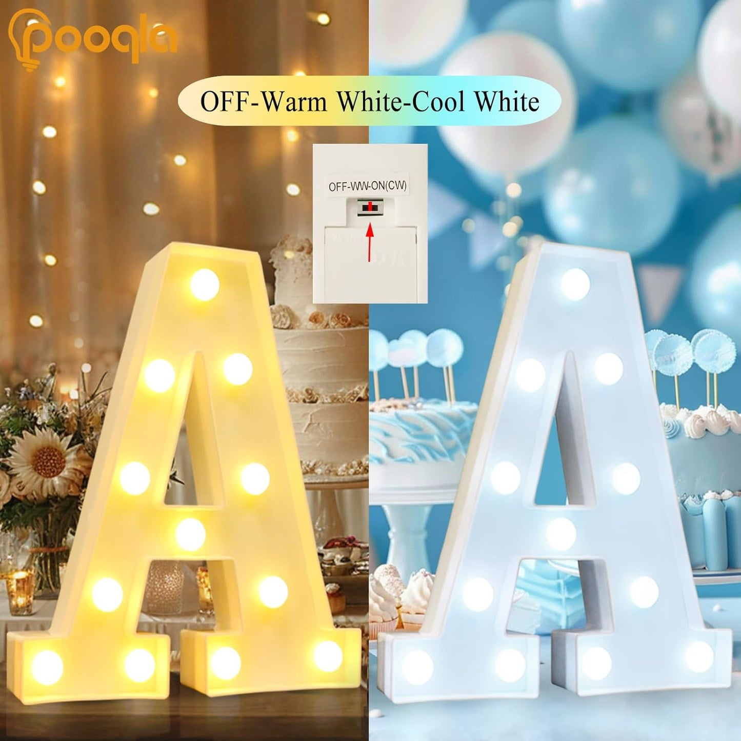 Pooqla LED Marquee Letter Lights, Warm White and Cool White Decorative Lighted Letters, Light Up Alphabet Letters for Boys Girls, Party, Wedding, Bar, Night Light, Birthday Decoration, Letter D