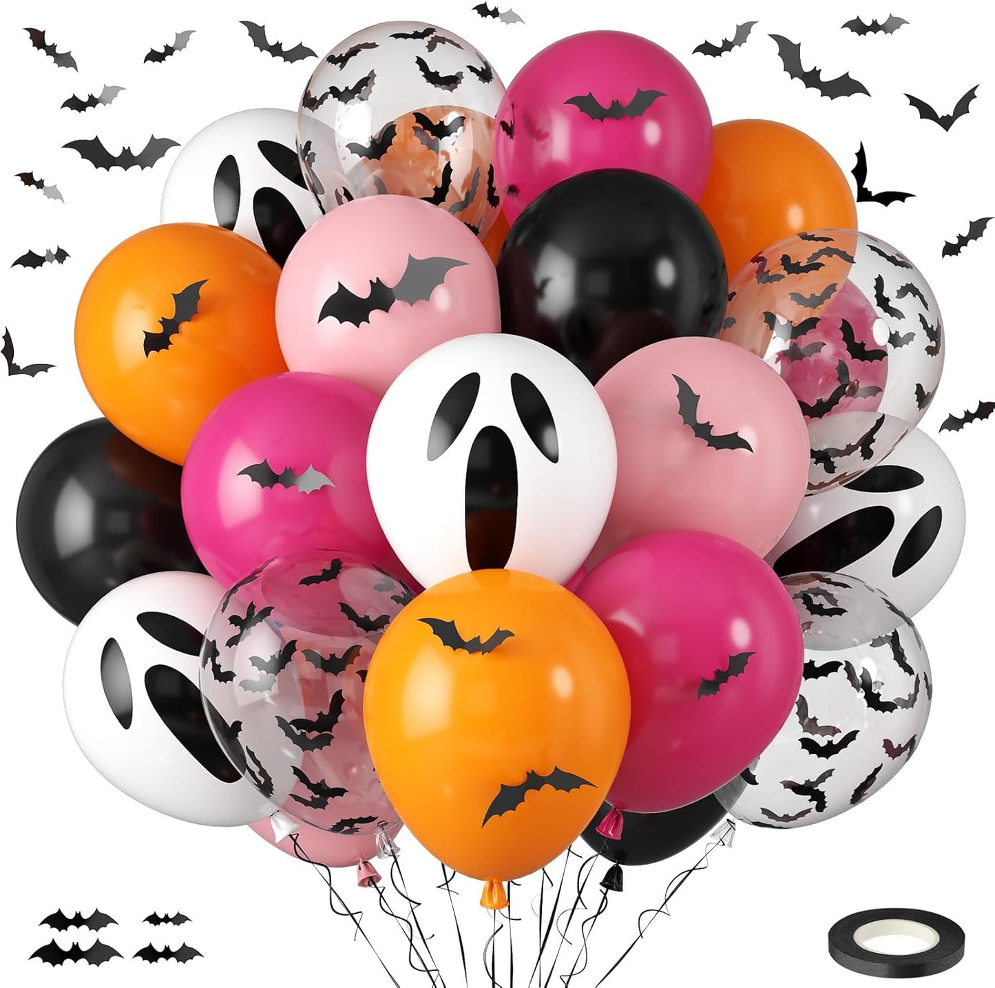Orange Pink Halloween Balloons, 12 Inch Ghost Balloons, Black Orange and Hot Pink Latex Balloon with Bat Sticker, Bat Print Balloon for Kids Girls Birthday Ghost Theme Halloween Party Decorations