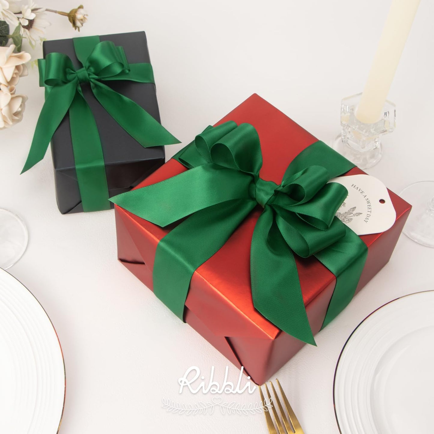 Ribbli Forest Green Double Faced Satin Ribbon,1-1/2” x Continuous 25 Yards,Use for Craft Bows Bouquet, Gift Wrapping, Wedding Decoration, Floral Arrangement